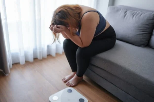 Anxious patient on weight management medication for the blog post on skin volume loss after weight loss