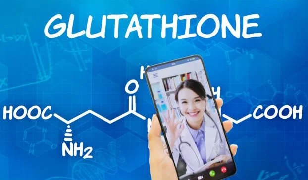 Composite photo of medical professional superimposed on a chemical diagram of glutathione