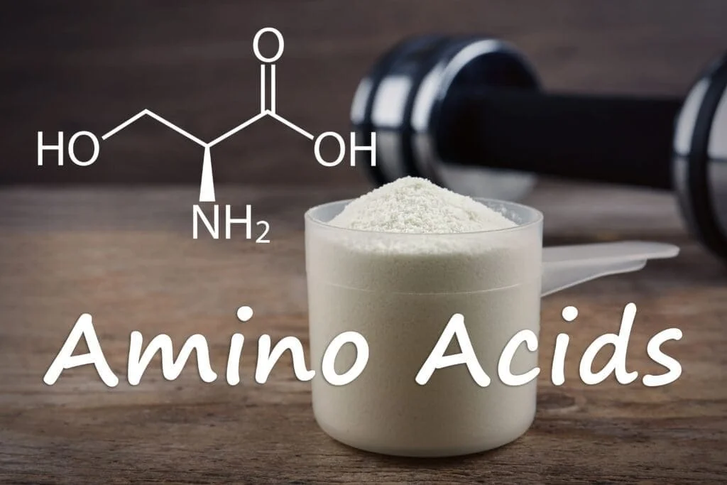 Chemical Structure and the words Amino Acids with protein powder and dumbell in the background