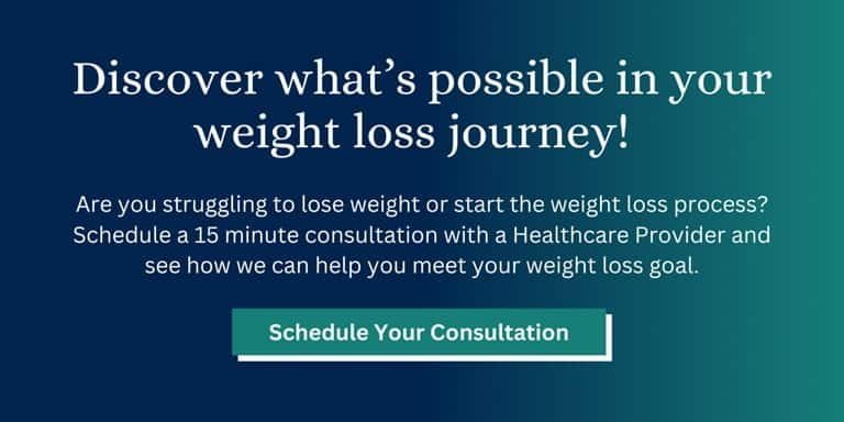 Graphic: Discover what's possible in your weight loss journey! Are you struggling to lose weight or start the weight loss process? Schedule a 15 minute consultation iwth a Healthcare Provider and see how we can help you meet your weight loss goal.