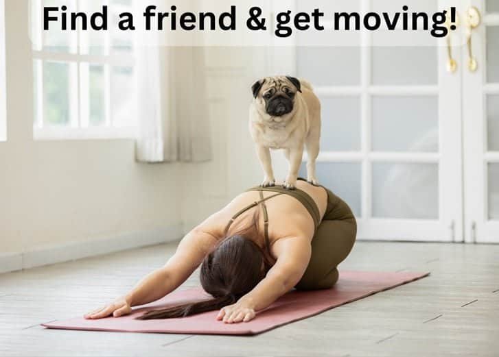 A picture of a woman bent over a yoga mat in a pose, with her pug dog standing on her back. The text reads: Find a friend & get moving!