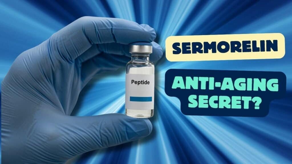 Image of a hand holding a vial of the peptide Sermorelin. The words "Sermorelin Anti-Aging Secret?" beside the image