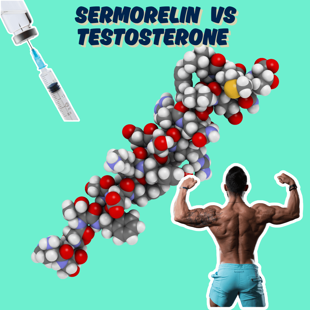 A Graphic containing a vial, syringe, molecular structure and a bodybuilder for the Article Sermorelin vs Testosterone