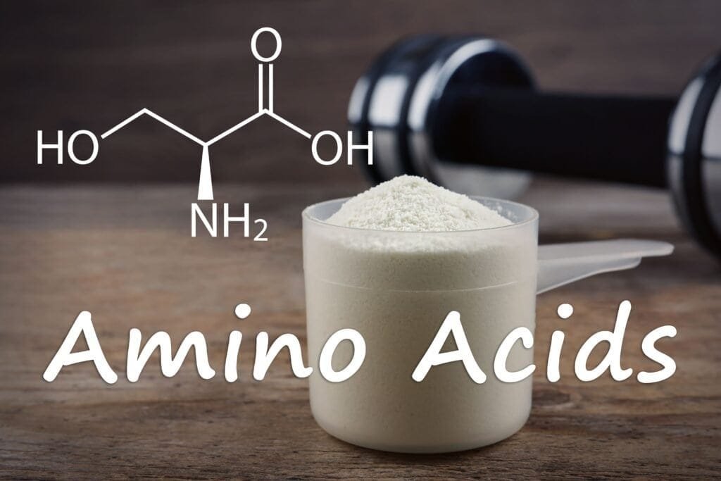 Chemical Structure and the words Amino Acids with protein powder and dumbell in the background