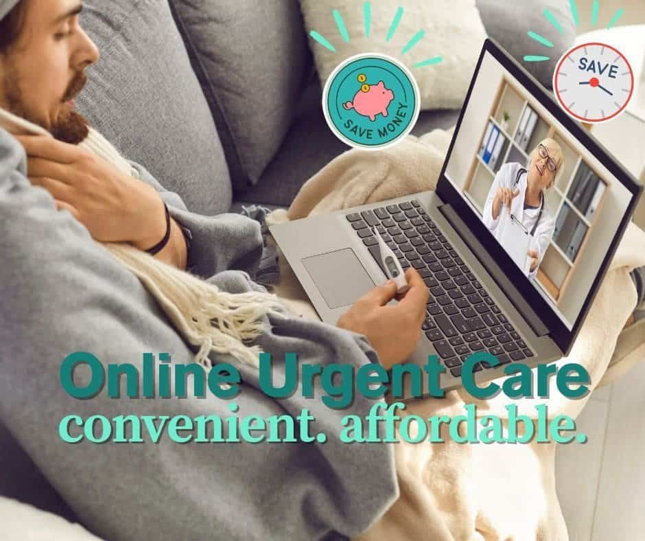 A graphic composite of a patient on a telehealth consult