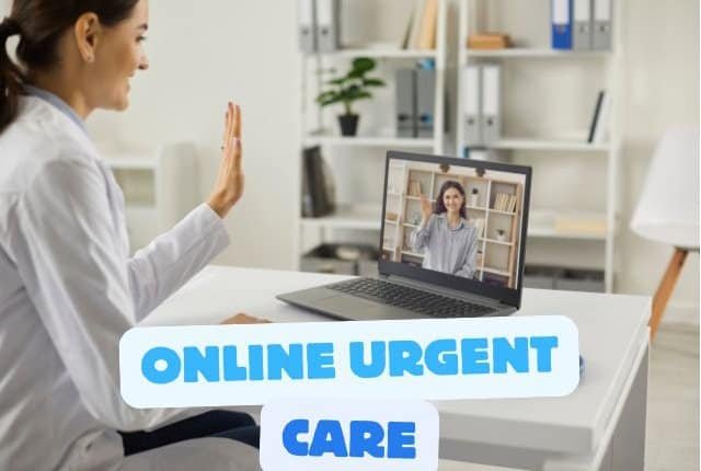 Image of a healthcare provider doing a telehealth consult with the words "online urgent care" on top of the image.
