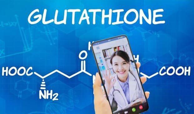 Composite photo of medical professional superimposed on a chemical diagram of glutathione
