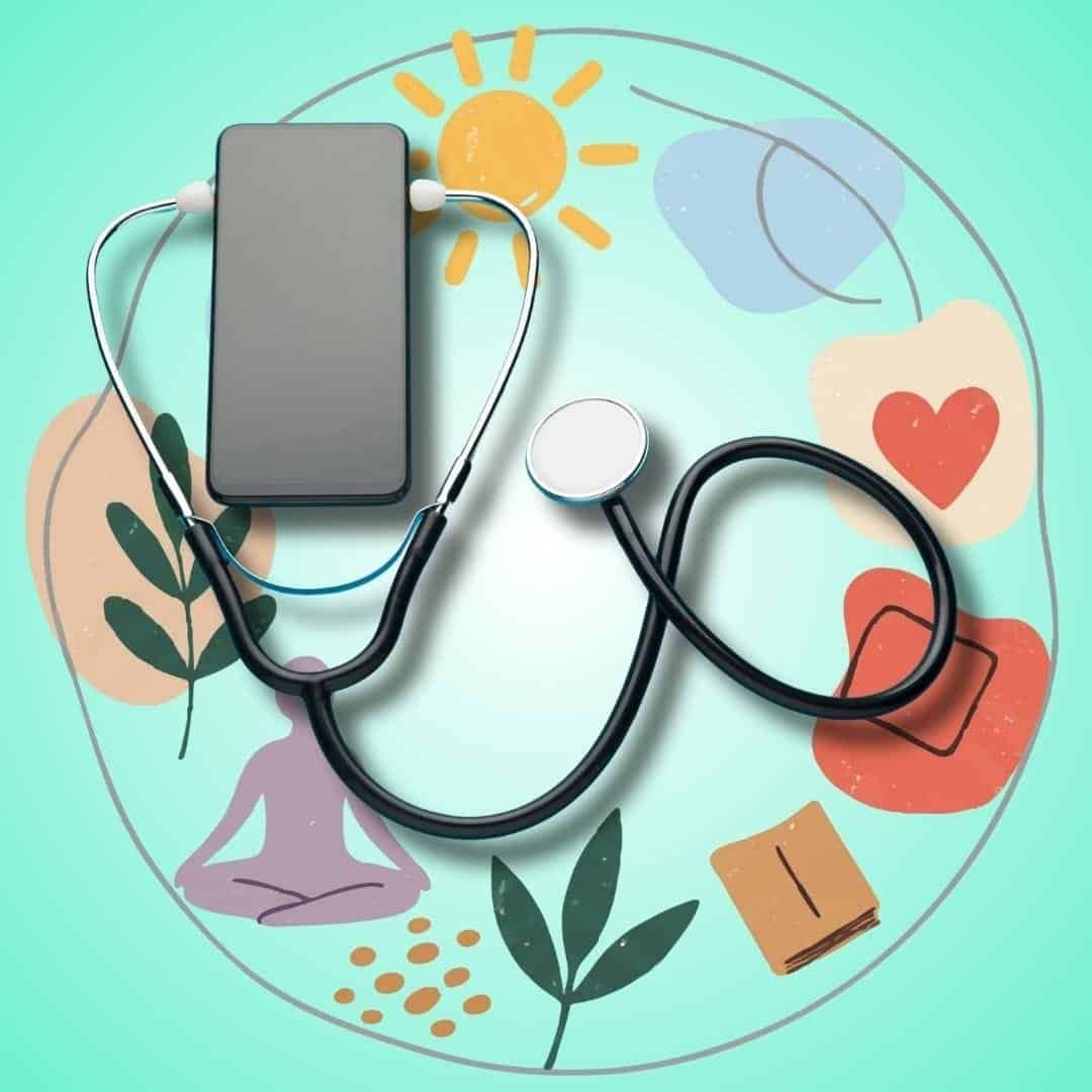 Composite image of a mobile phone, a stethoscope, and illustrations of a person, vegatables, sun, etc. to represent a holistic approach to medicine