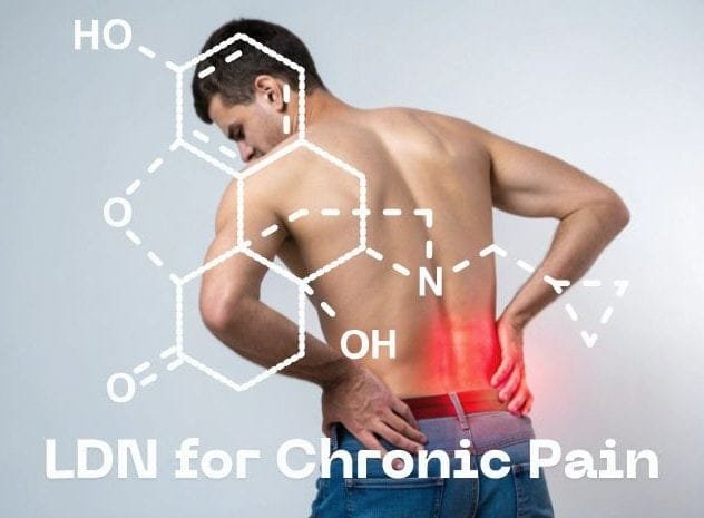 Composite image of person with chronic pain and the chemical structure of naltrexone
