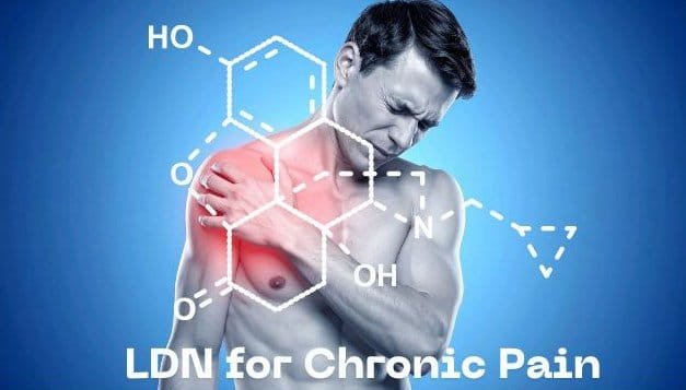 Composite image of a person with shoulder pain and the chemical structure of naltrexone. The words "LDN for chronic pain" at the bottom of the image