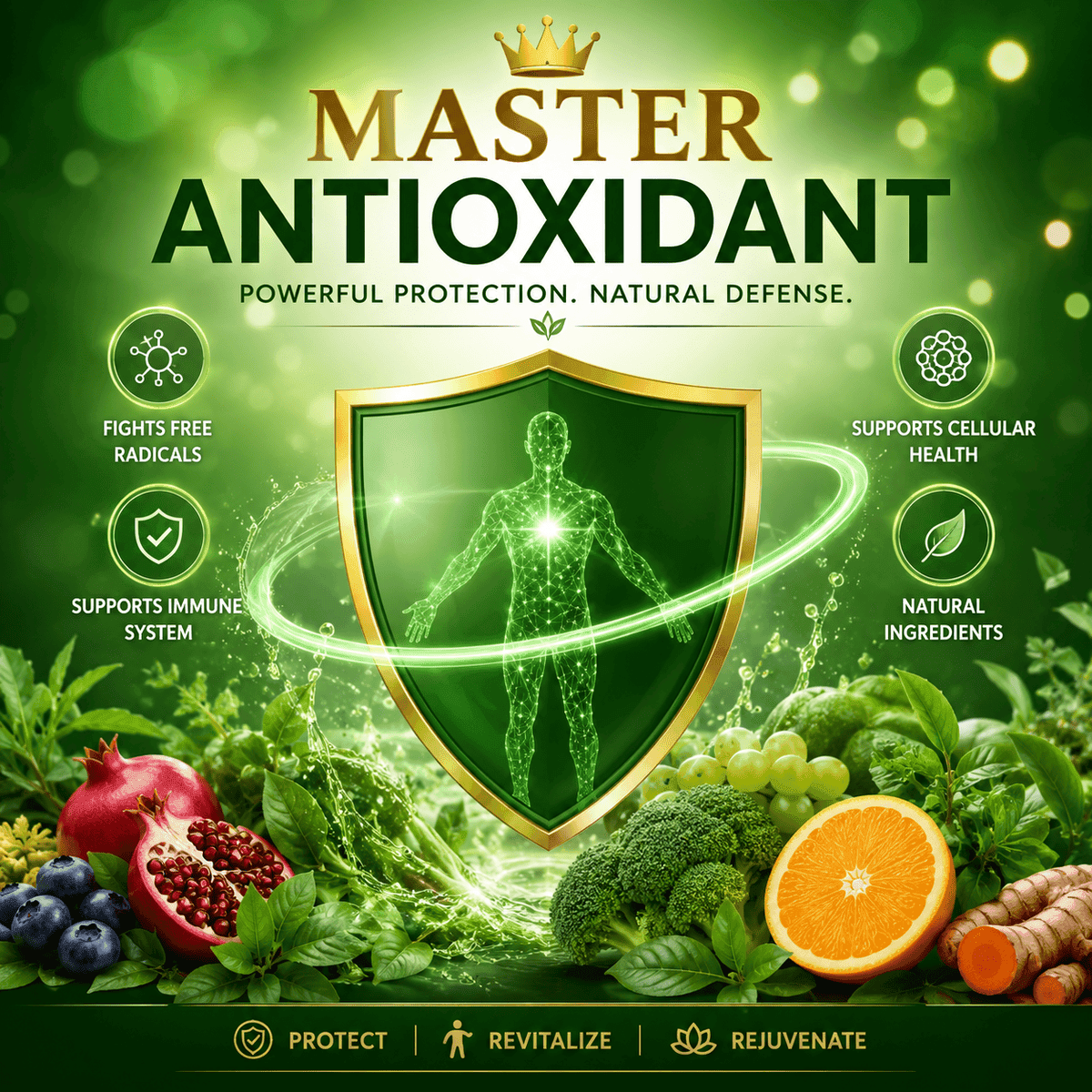 Image composite of Glutathione, the master antioxidant, listing benefits such as supporting cellular health