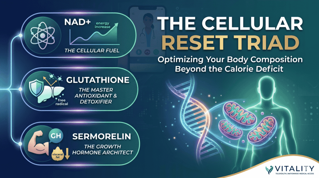 Infographic showing the three components of the Cellular Reset Triad — NAD+, Glutathione, and Sermorelin — with a glowing human figure, DNA strands, and mitochondria. By Vitality Telehealth.